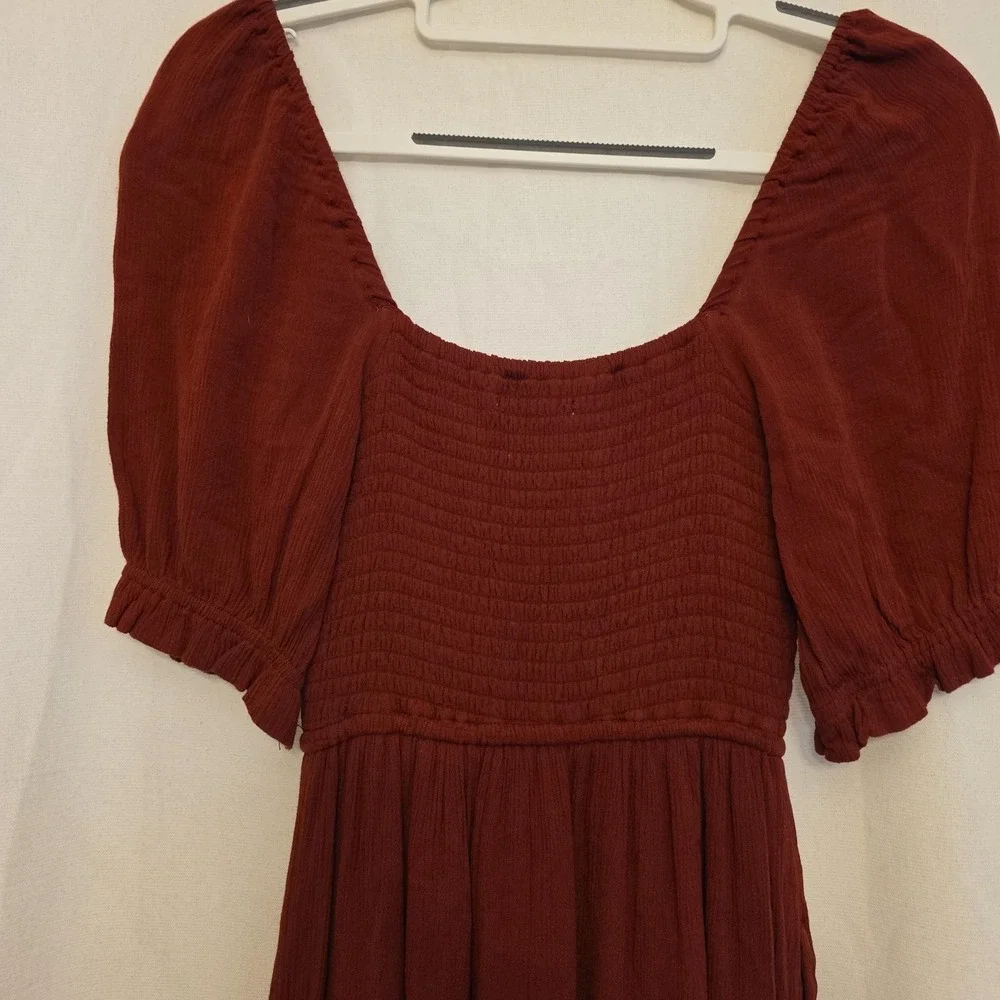 Abercrombie & Fitch Dress Womens XS Red Smocked Puff Sleeve Maxi Boho Sundress